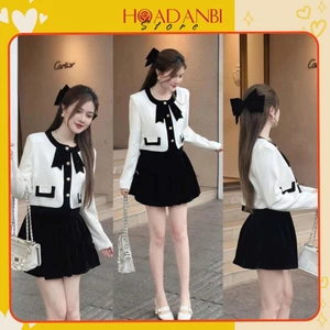 Set Áo dạ phối nơ nhung mix Chân váy xòe phong cách Hàn quốc siêu xinh sẵn, Set Đồ Bộ