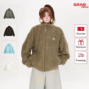 Áo khoác nữ GRADPOPU chất cotton lông cừu giả cổ đứng dáng rộng dày rặn ấm áp và thời trang AK409