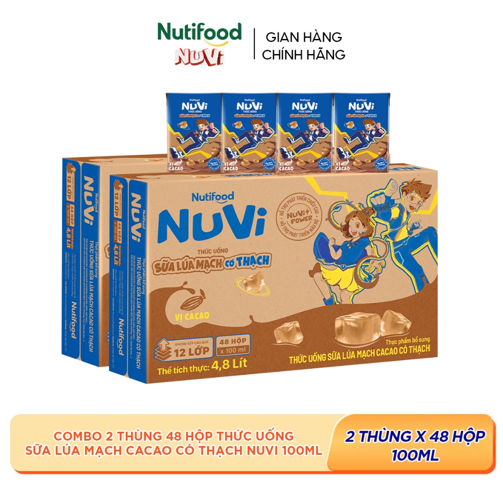 Combo 2 Thùng 48 Hộp Thức Uống Sữa Lúa Mạch Cacao Có Thạch NuVi 100ml