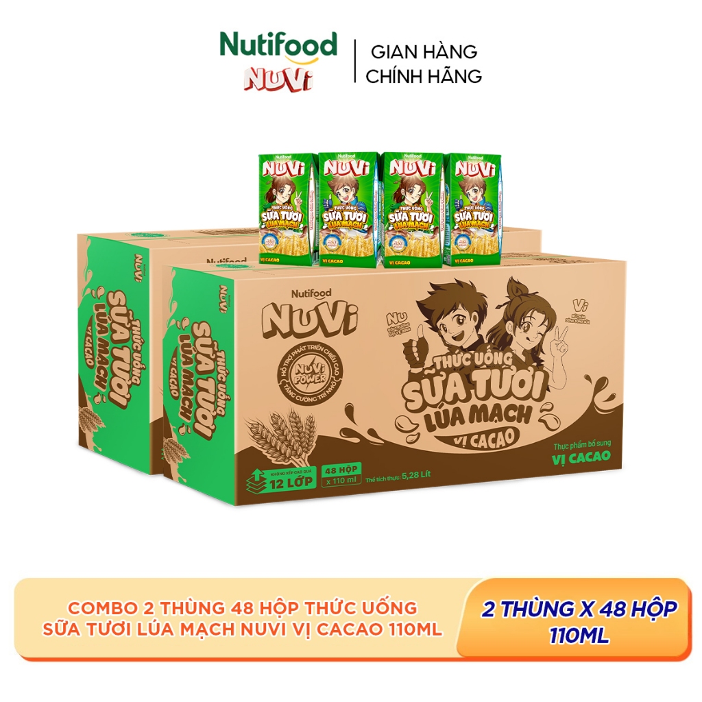 Combo 2 Thùng 48 Hộp Thức Uống Sữa Tươi Lúa Mạch NuVi Vị Cacao 110ml