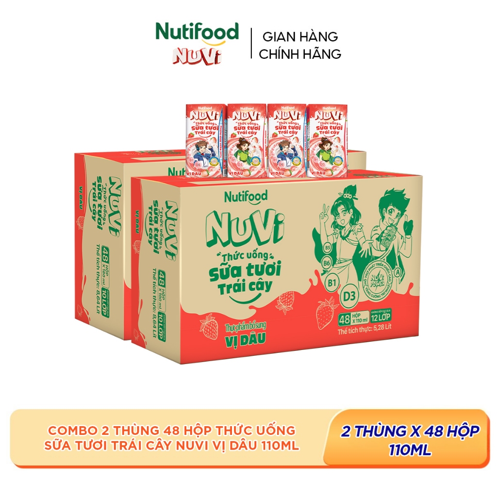 Combo 2 Thùng 48 Hộp Thức Uống Sữa Tươi Trái Cây NuVi Vị Dâu 110ml