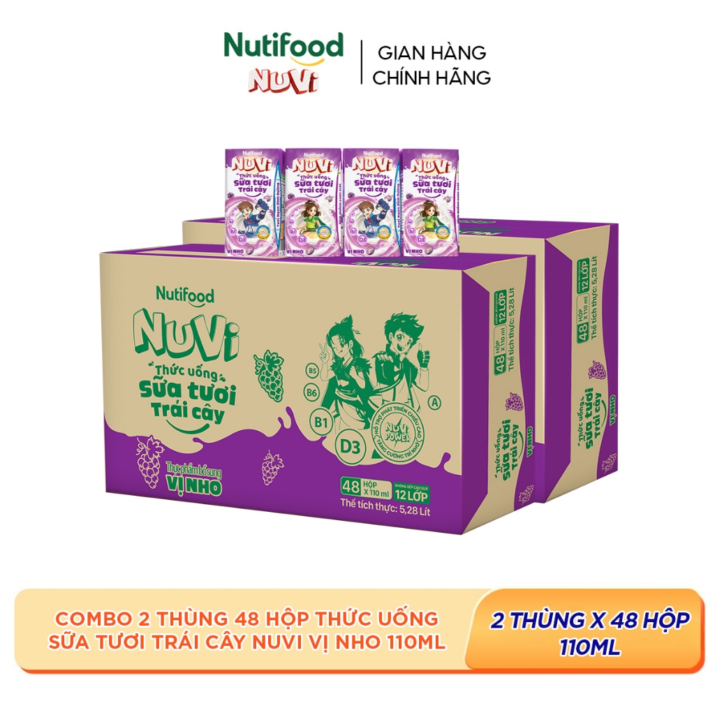 Combo 2 Thùng 48 Hộp Thức Uống Sữa Tươi Trái Cây NuVi Vị Nho 110ml