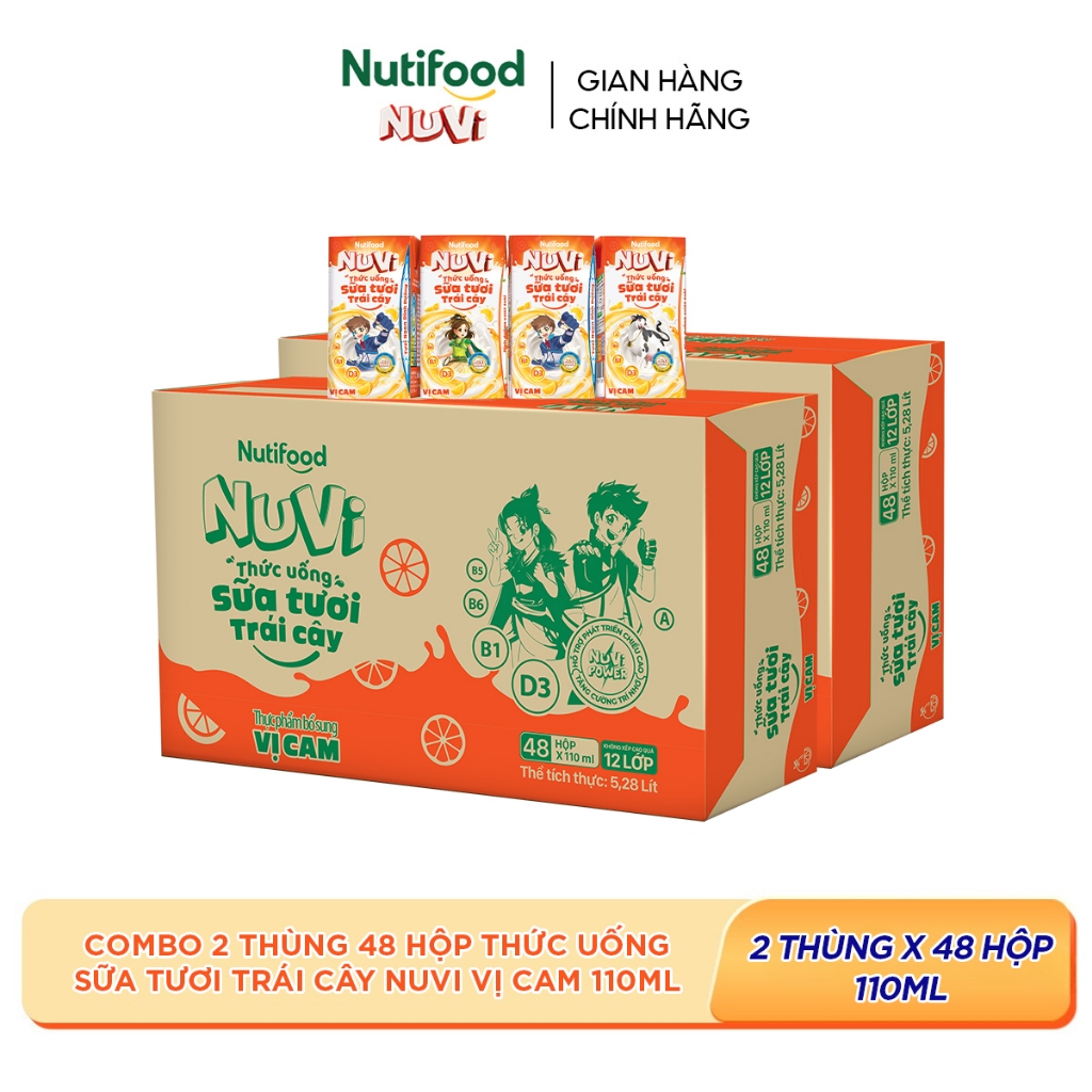 Combo 2 Thùng 48 Hộp Thức Uống Sữa Tươi Trái Cây NuVi Vị Cam 110ml