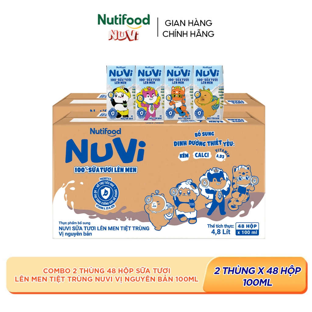 [KHÔNG CÓ THẺ] Combo 2 Thùng 48 Hộp Sữa Tươi Lên Men Tiệt Trùng Nuvi vị Nguyên Bản 100ml