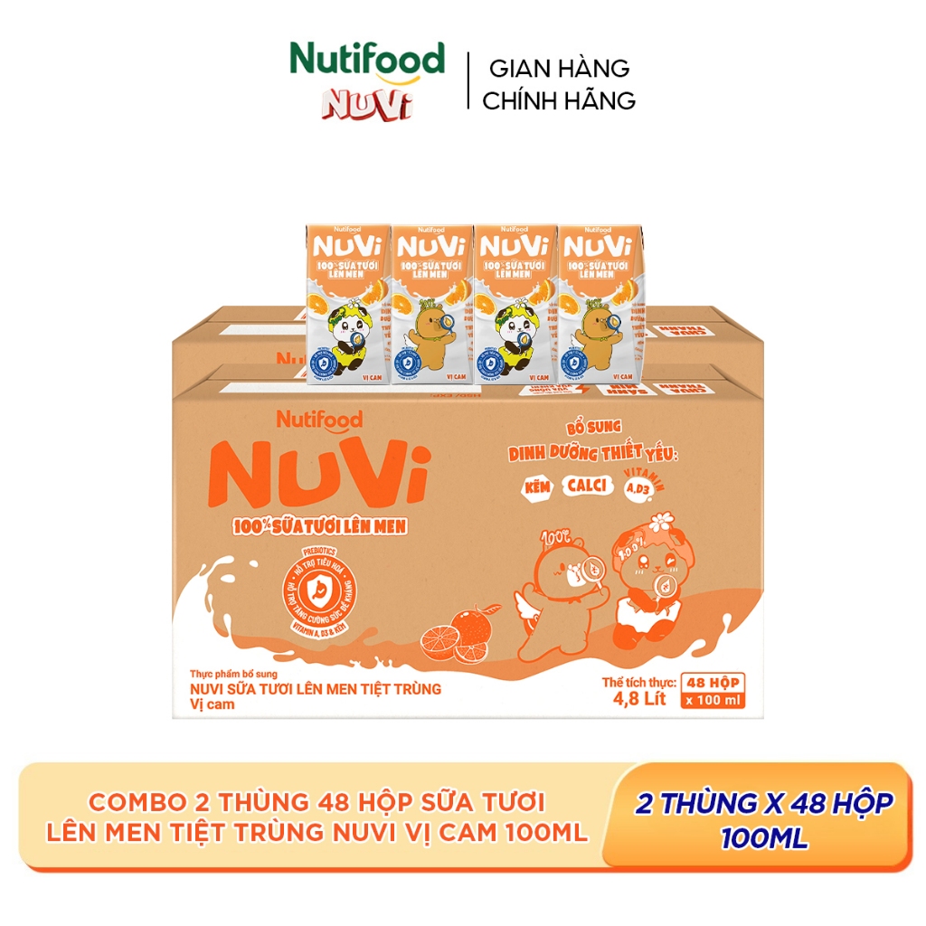 Combo 2 Thùng 48 Hộp Sữa Tươi Lên Men Tiệt Trùng Nuvi vị Cam 100ml