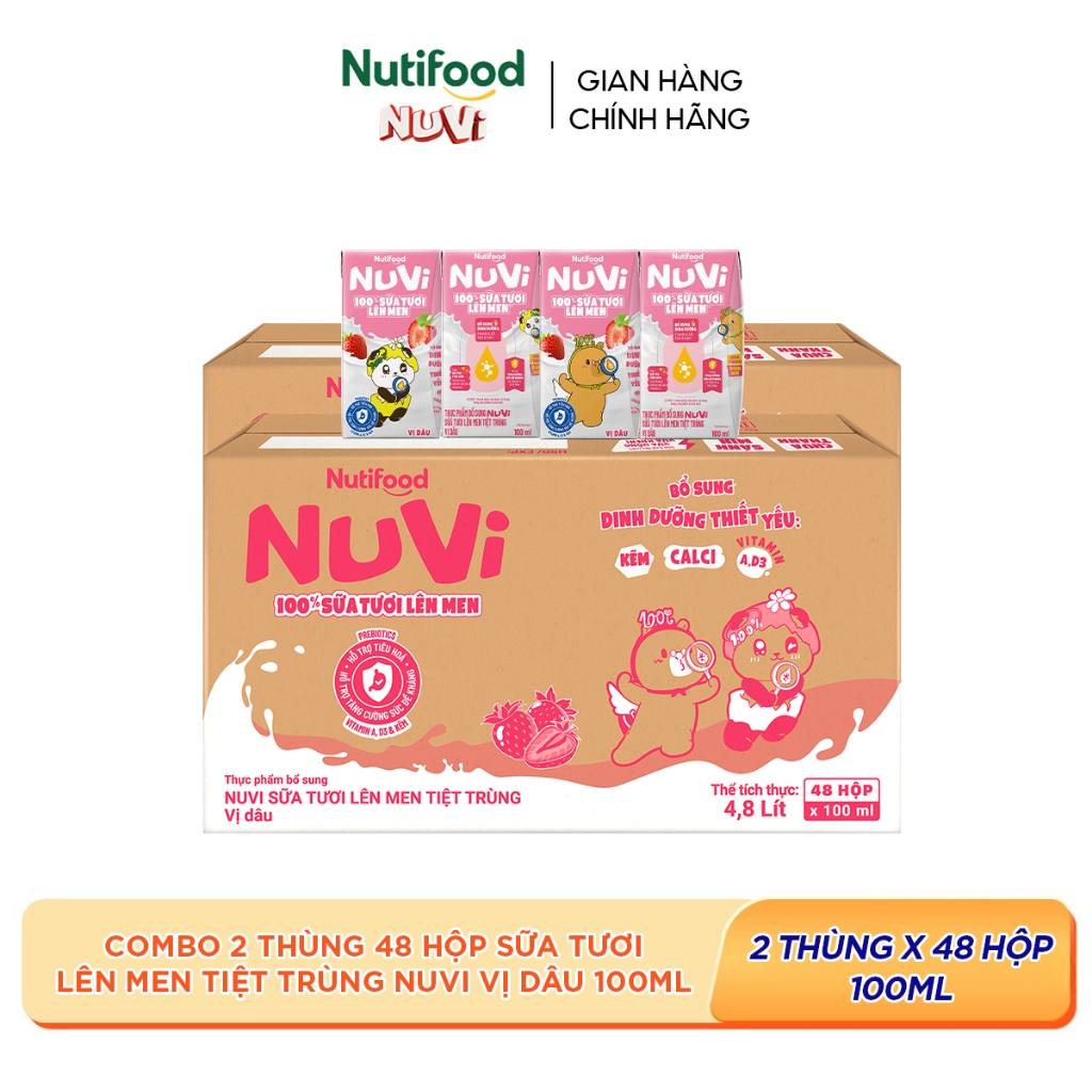 Combo 2 Thùng 48 Hộp Sữa Tươi Lên Men Tiệt Trùng Nuvi vị Dâu 100ml