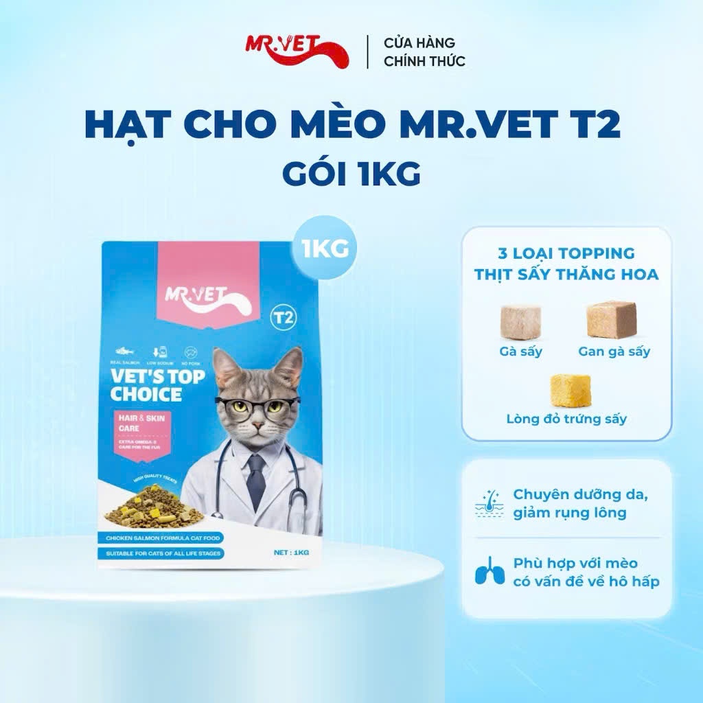 Hạt Cho Mèo MR.VET 1KG - Dòng T1,T2,T3.T4.G1 Chăm Sóc Da Và Mượt Lông , Kén Ăn , Hỗ Trợ Búi Lông