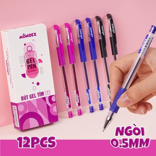 Hộp 12 Bút Gel Nước Mực Xanh, Đen, Đỏ, Tím Bút Gel Ngòi 0.5mm MONDEZ Viết Trơn, Không Gai Cho Học Sinh Viết Bài M15004