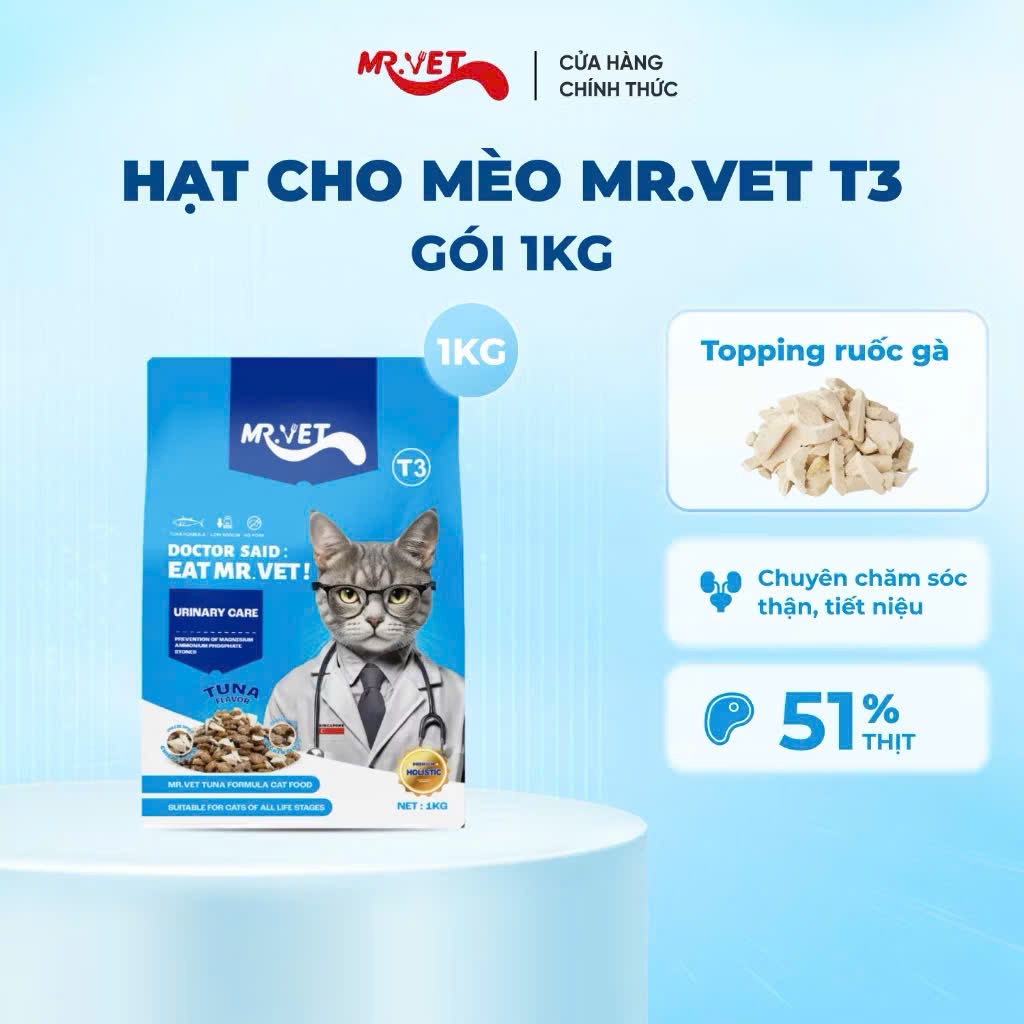 Thức Ăn Hạt Cho Mèo MR.VET T3 Kèm Sợi Thịt Gà , Hỗ Trợ Sỏi Thận Đường Tiết Niệu - Túi 1KG