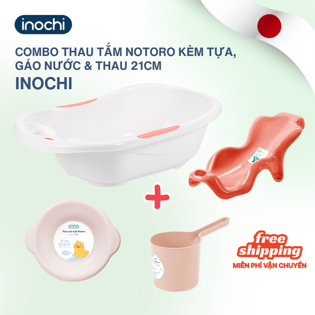 COMBO Chậu tắm cho bé sơ sinh Notoro Inochi 120L lớn tặng kèm tựa tắm, thau rửa mặt 21cm, gáo nước
