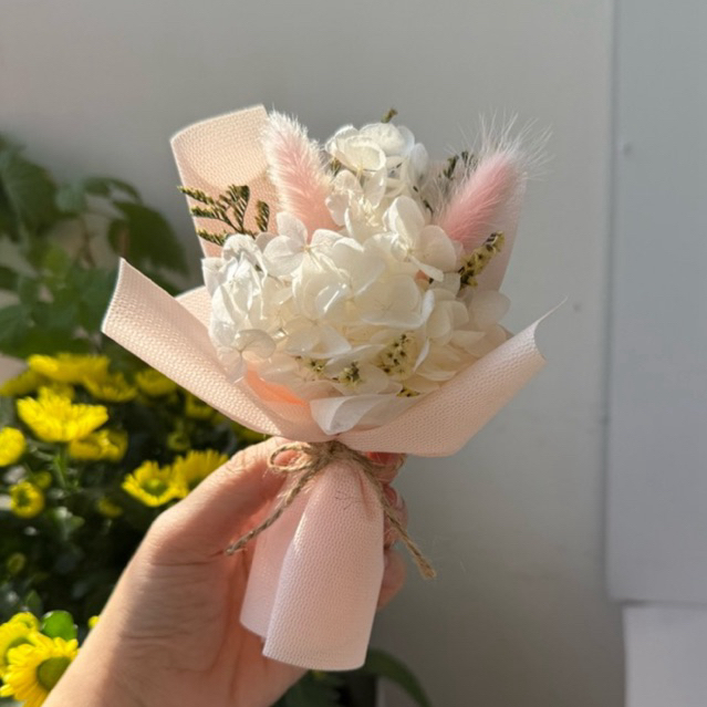 Bó hoa khô mini cẩm tú cầu cao cấp gói cánh tiên, trang trí hộp quà 20/10, 8/3, 20/11, 14/2, giáng sinh, sinh nhật. N12