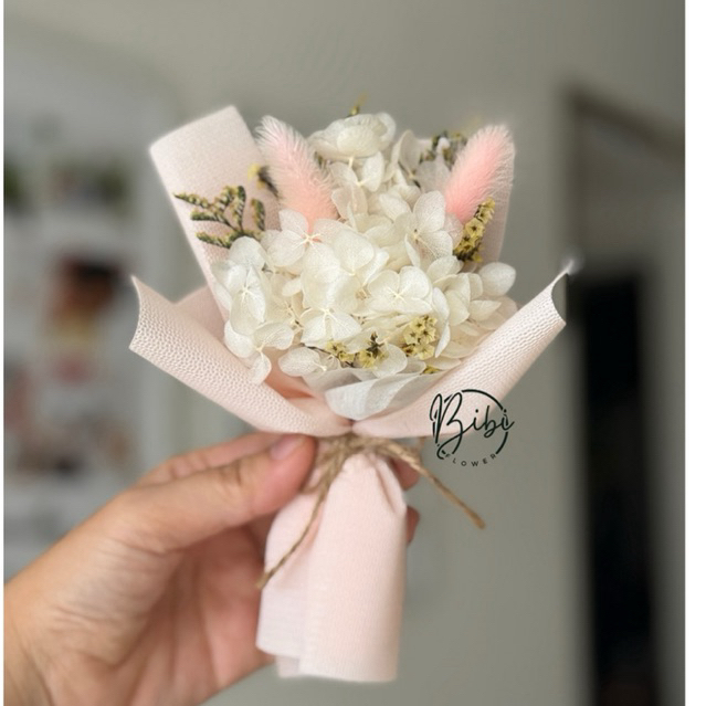 Bó hoa khô mini cẩm tú cầu cao cấp gói cánh tiên, trang trí hộp quà 20/10, 8/3, 20/11, 14/2, giáng sinh, sinh nhật. N12