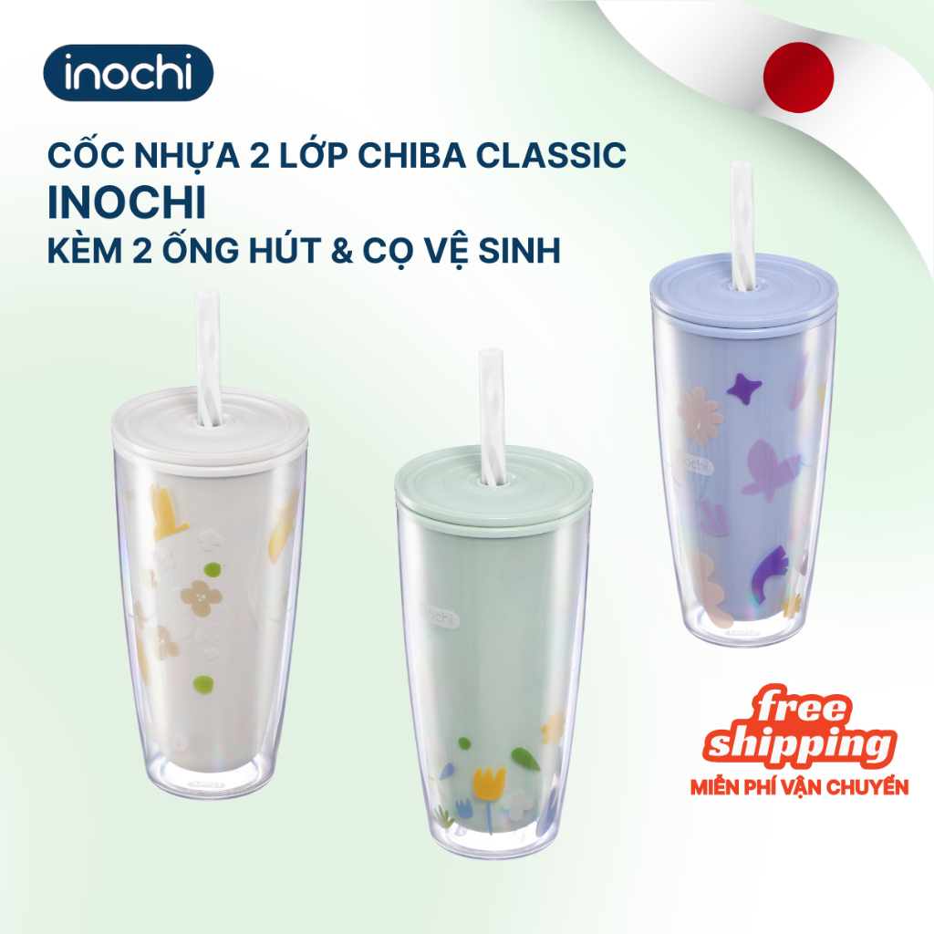 Cốc Nhựa 2 Lớp Chiba Inochi - Miệng rộng, nắp khóa ống hút, 2 lớp chống đọng nước