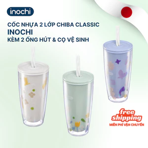 Cốc Nhựa 2 Lớp Chiba Inochi - Miệng rộng, nắp khóa ống hút, 2 lớp chống đọng nước
