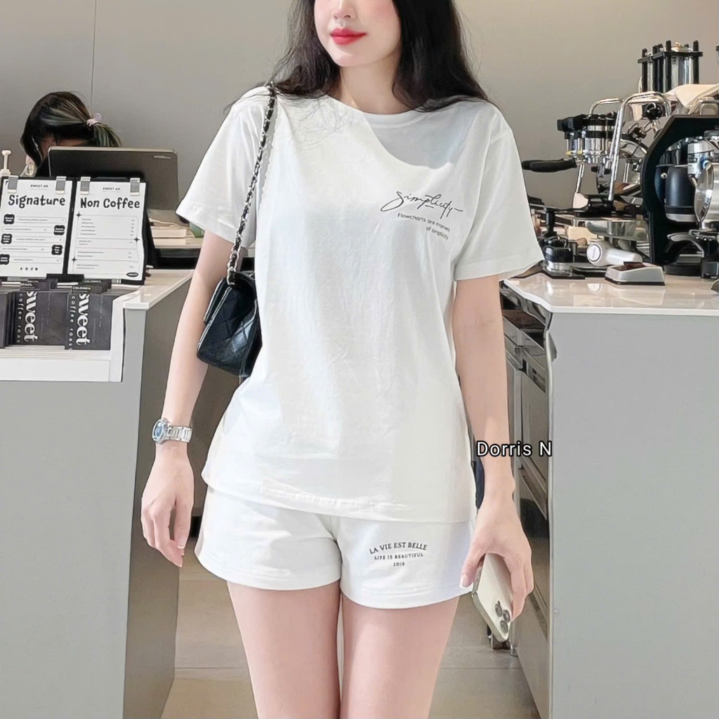 Bộ Quần Áo Phông DORRIS N mẫu SIMPLICITY CHỮ + Quần Sooc Nỉ da cá vải Cao Cấp S M L XL 45-85kg