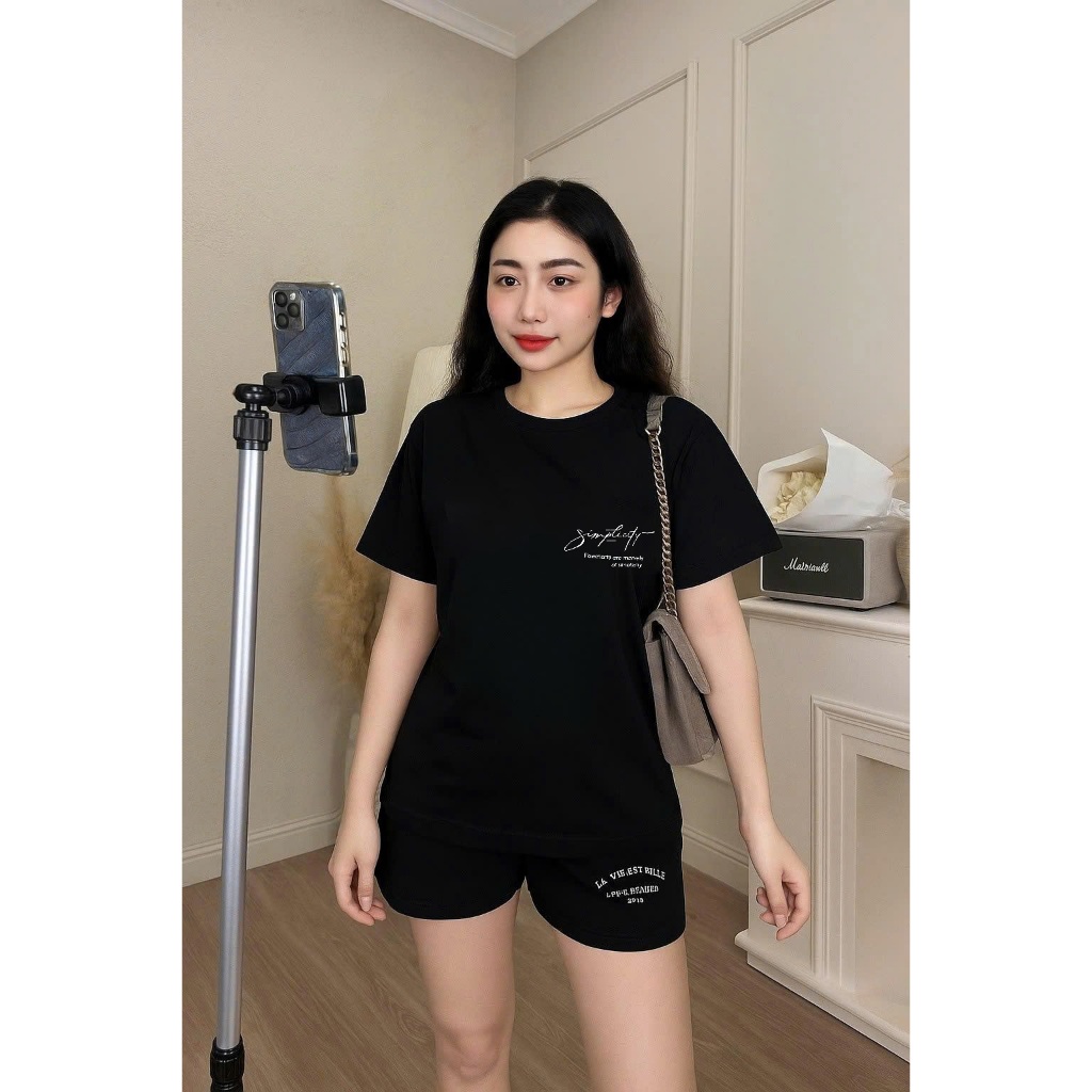 Bộ Quần Áo Phông DORRIS N mẫu SIMPLICITY CHỮ + Quần Sooc Nỉ da cá vải Cao Cấp S M L XL 45-85kg