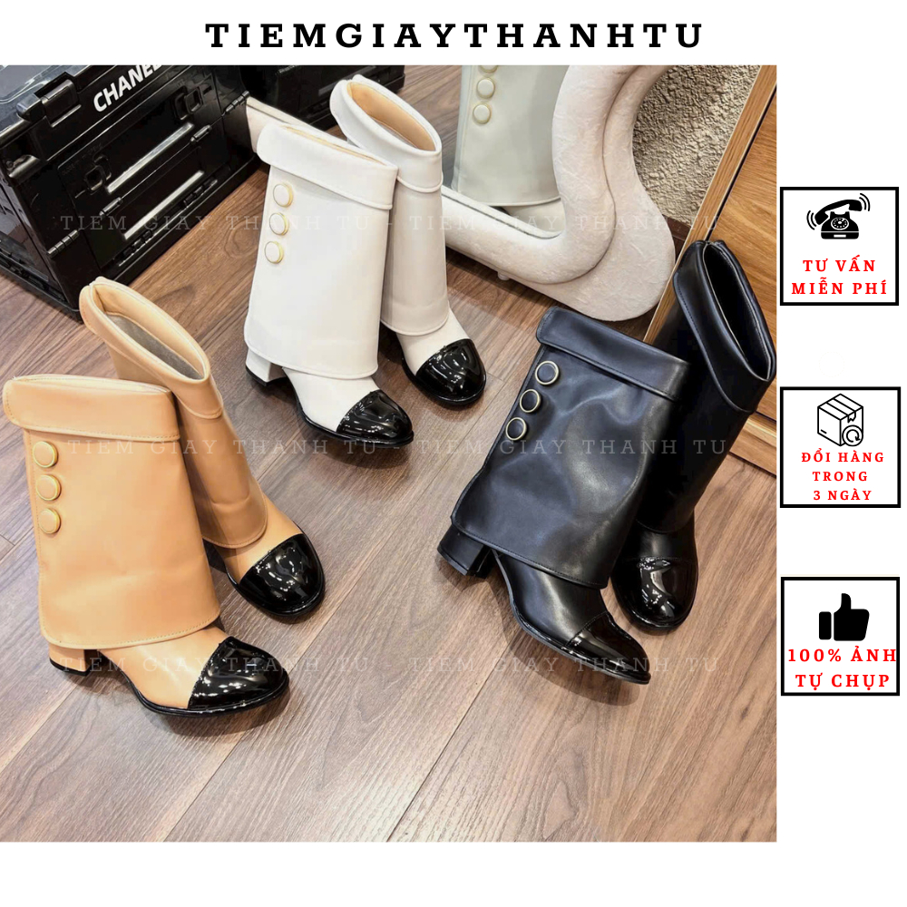 Q9717-22 Bốt cúc cổ ngắn MIIjILI nữ da lỳ mềm gót trụ 7p cổ váy đính cúc phối mũi bóng hàng QC fullbox