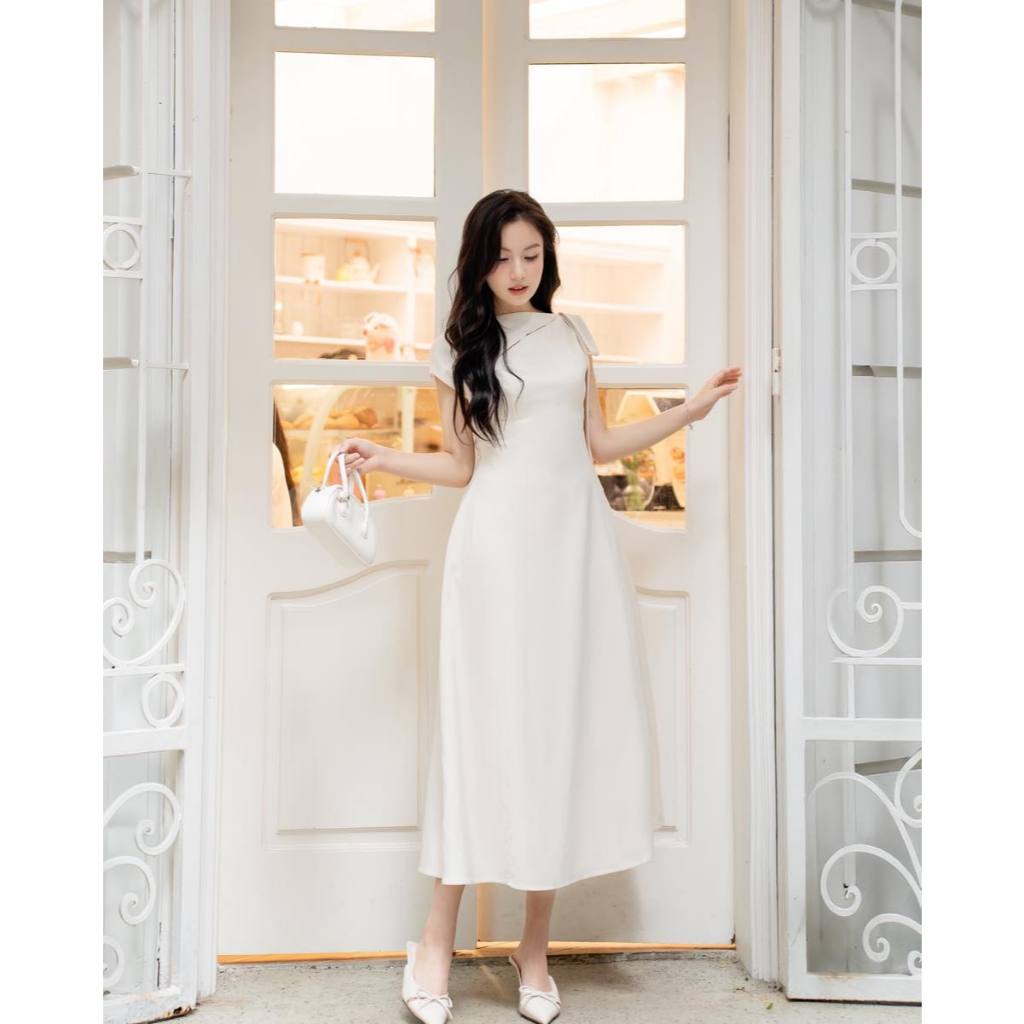 Đầm Dáng Đổ Buộc Nơ Vai 1S55.2507K – Đầm Dự Tiệc Cắt Out Ngực Thanh Lịch Romantic Minimalism Thiết Kế Bởi JM Dress