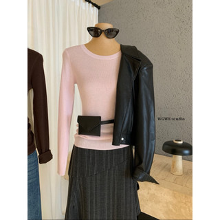 𝐏𝐡𝐢𝐞𝐧 | (Sẵn Nâu,Xám) W8269 Áo Len Ôm Dài Tay Co Dãn Cổ Tròn Bo Màu Trơn