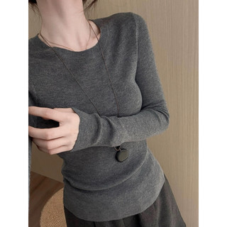 𝐏𝐡𝐢𝐞𝐧 | (Sẵn Nâu,Xám) W8269 Áo Len Ôm Dài Tay Co Dãn Cổ Tròn Bo Màu Trơn