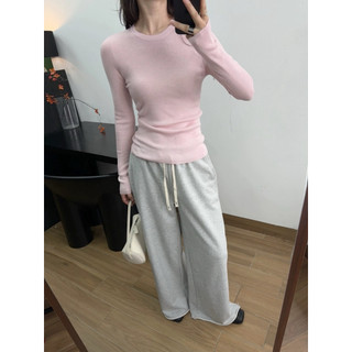 𝐏𝐡𝐢𝐞𝐧 | (Sẵn Nâu,Xám) W8269 Áo Len Ôm Dài Tay Co Dãn Cổ Tròn Bo Màu Trơn