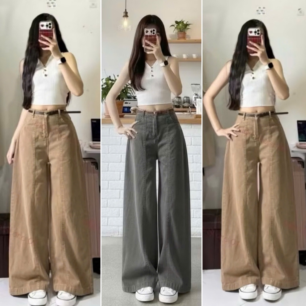 Quần Jean Ống Rộng Thiết Kế Chắp Thân Màu Nâu Tây Hót