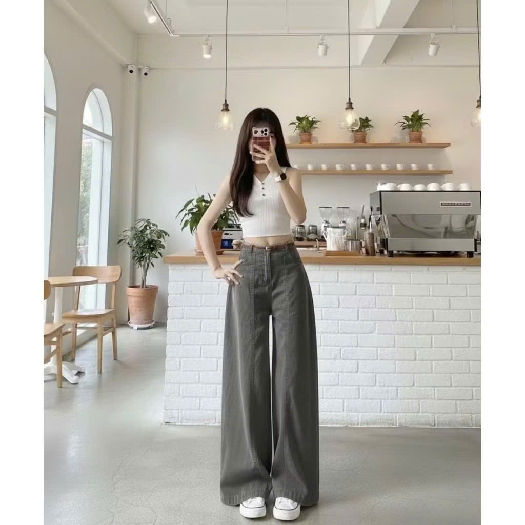 Quần Suông Jean Cạp Cao Màu Nâu Tây Thiết Kế Chắp Thân