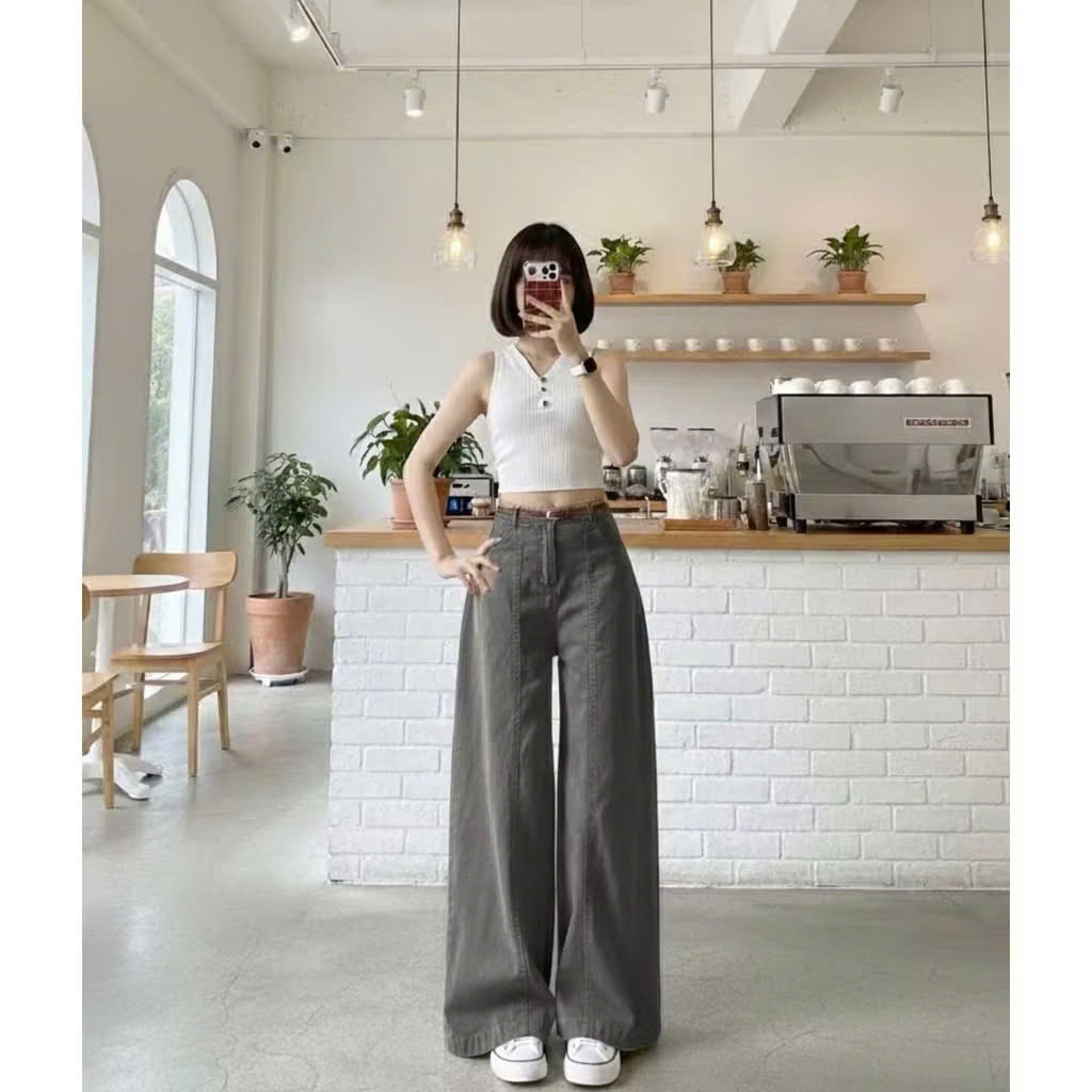Quần Suông Jean Cạp Cao Màu Nâu Tây Thiết Kế Chắp Thân
