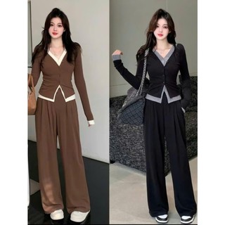 Bộ nữ dài tay, Bộ dài tay cho Nữ Áo Hai Lớp Cúc Cài size 40-60 kg quần xuông ống rộng cạp chun co dãn mặc thoải mái