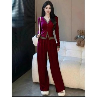 Bộ nữ dài tay, Bộ dài tay cho Nữ Áo Hai Lớp Cúc Cài size 40-60 kg quần xuông ống rộng cạp chun co dãn mặc thoải mái
