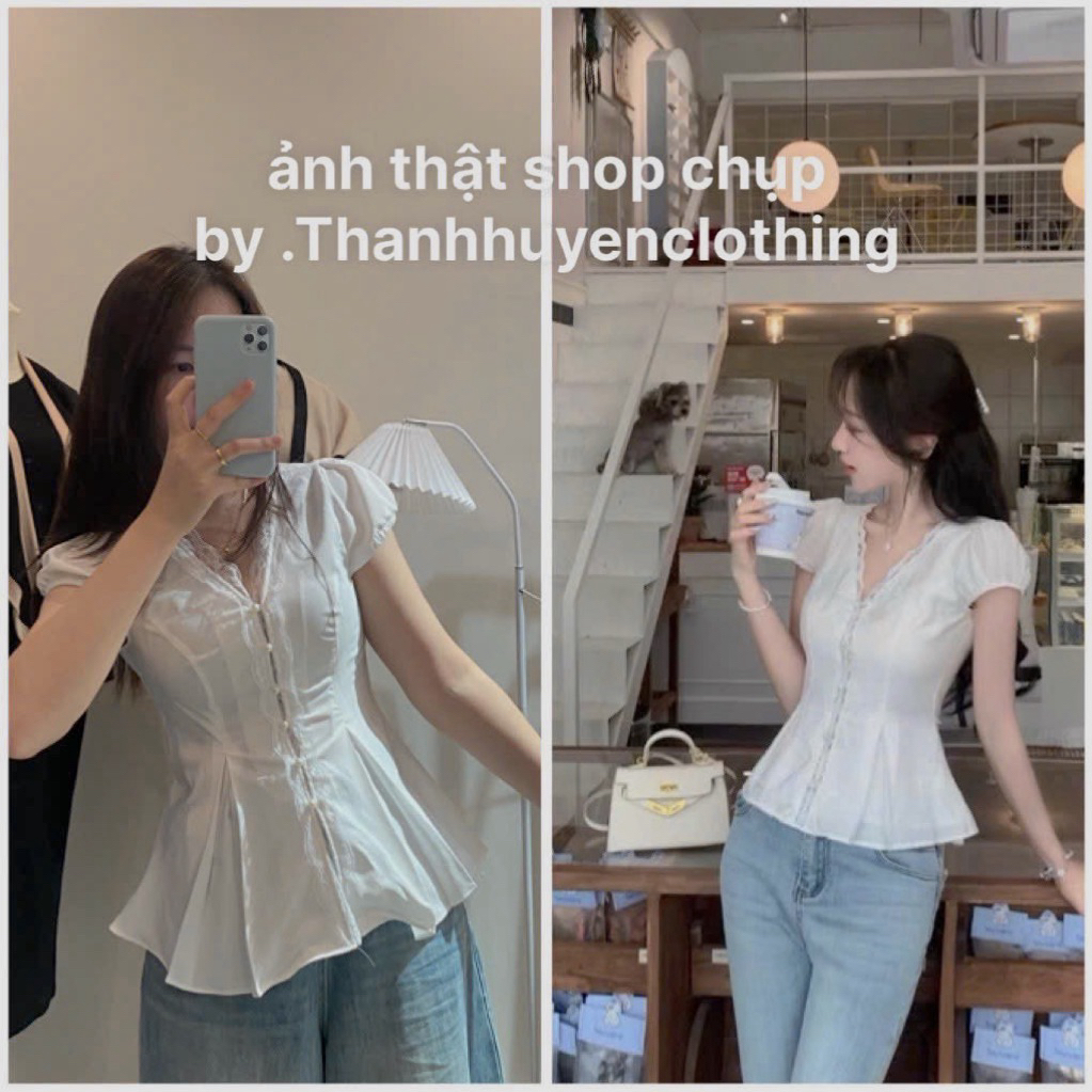 Áo sơ mi cổ V viền ren tay phồng dáng xoè chiết eo thanhhuyenclothings . áo sơ mi kiểu đơn giản phong cách hàn quốc