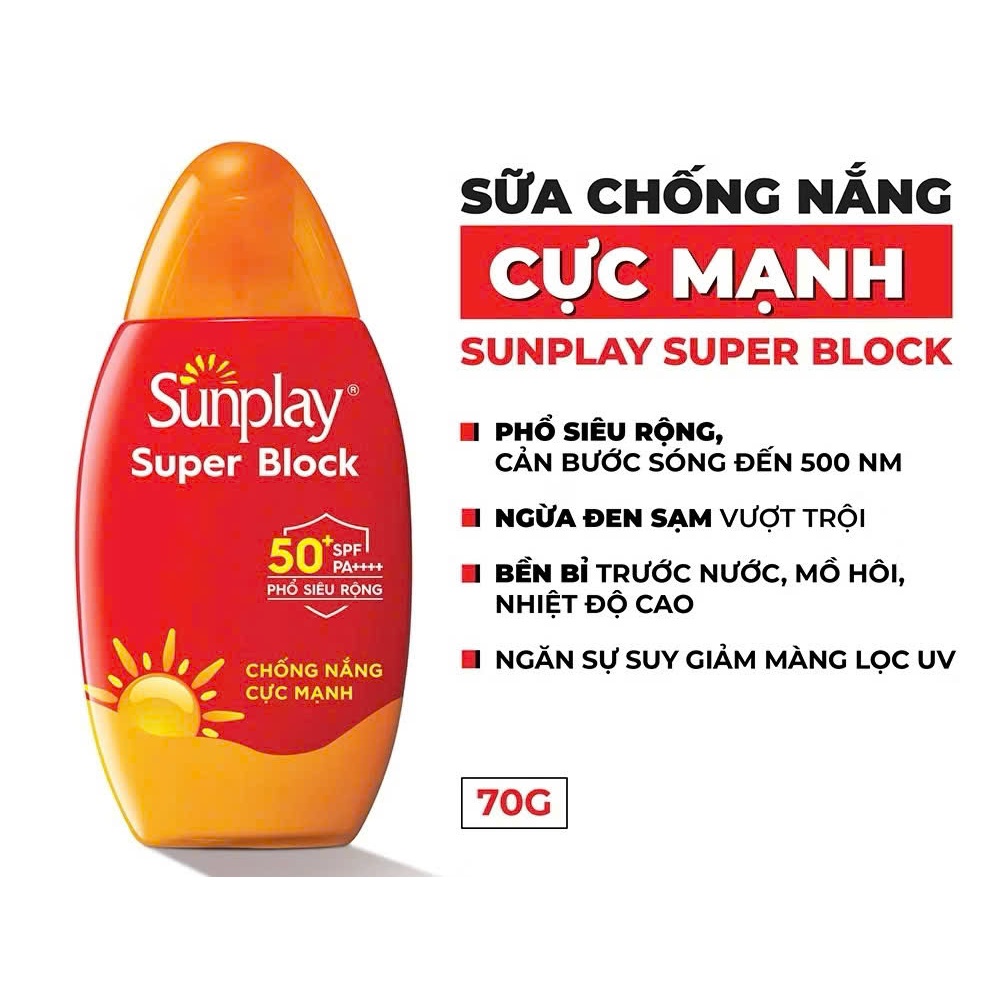 Kem chống nắng Sunplay cực mạnh, ngừa đen sạm da hiệu quả dạng sữa Sunplay Super Block SPF 50+, PA++++ 70g