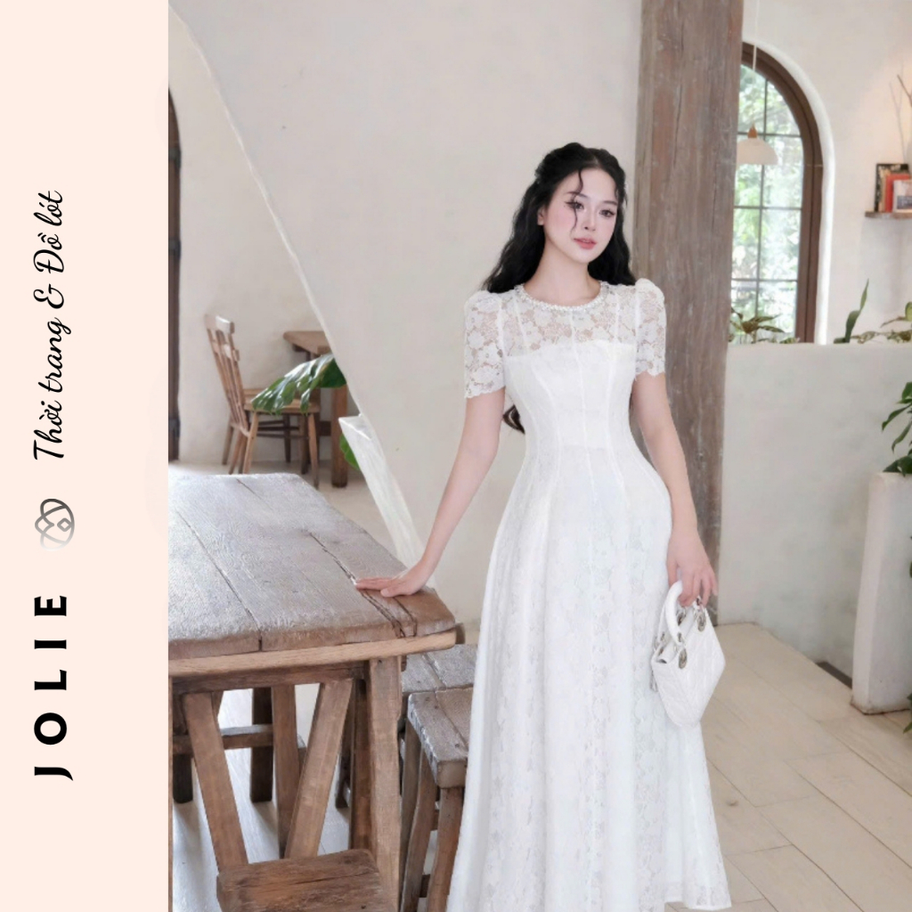 Đầm Ren Dáng Dài Xòe Nhẹ Cổ Đính Ngọc - Váy Thiết Kế Tay Ngắn Dự Tiệc Sang Trọng