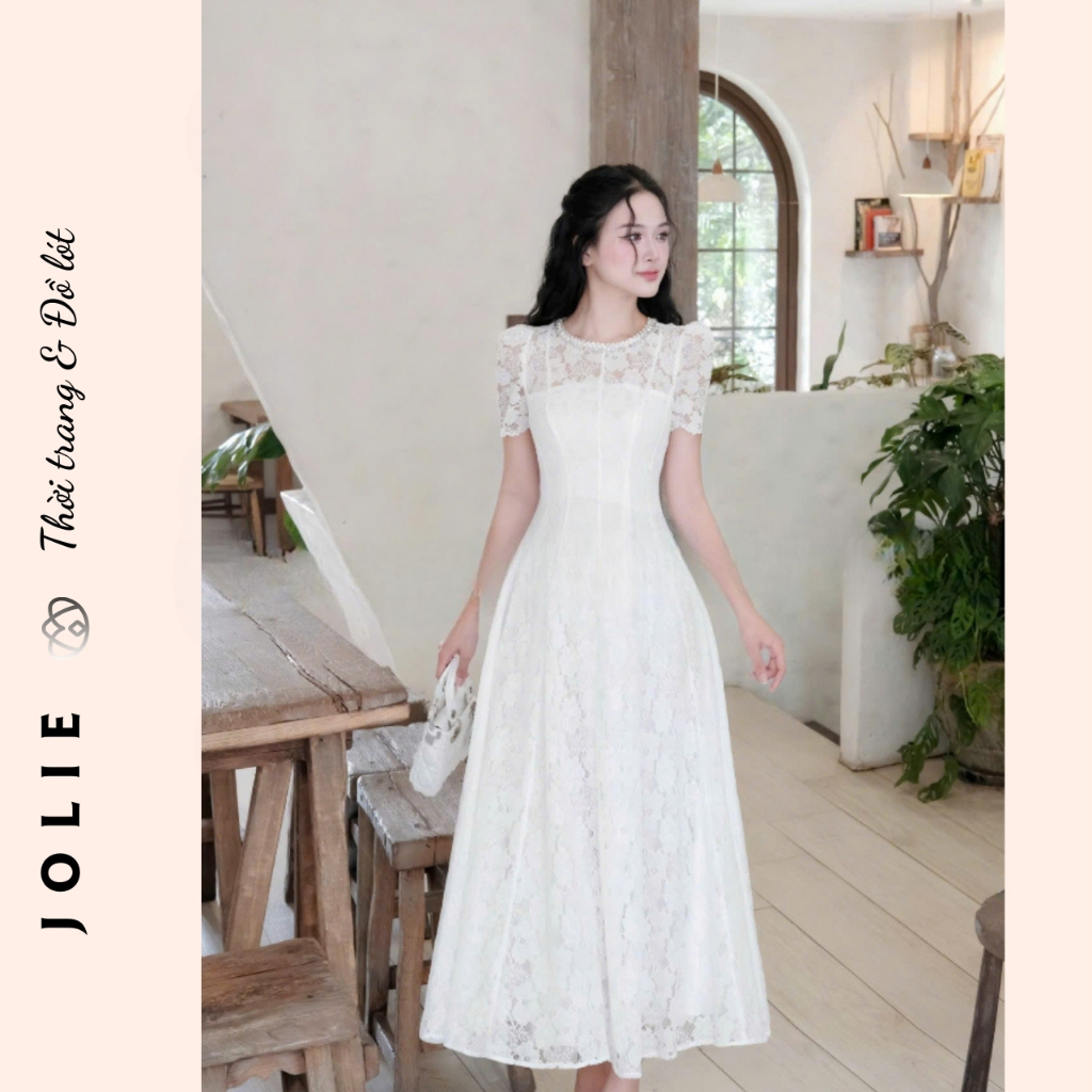 Đầm Ren Dáng Dài Xòe Nhẹ Cổ Đính Ngọc - Váy Thiết Kế Tay Ngắn Dự Tiệc Sang Trọng