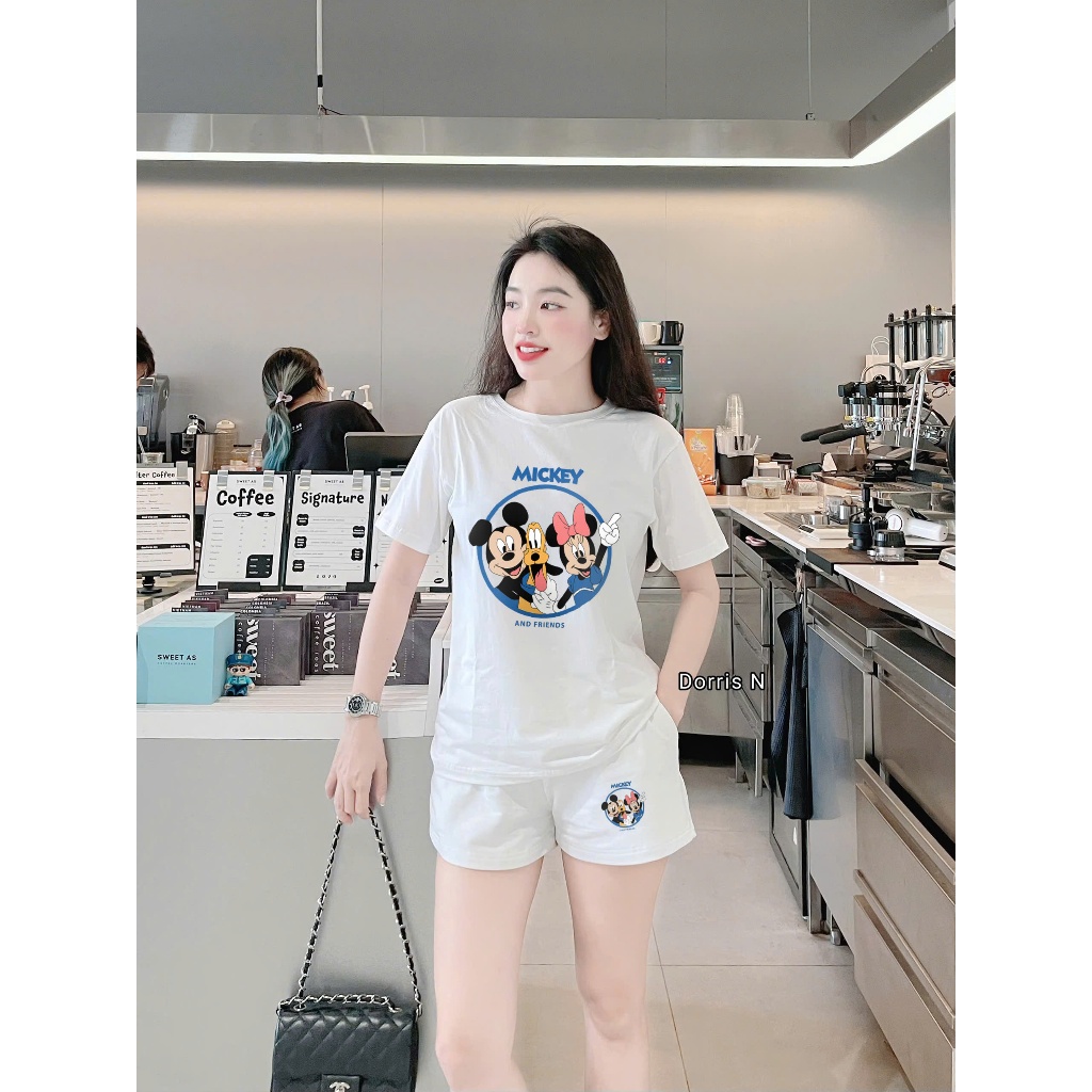 Bộ Quần Áo Phông DORRIS N Mickey & Friends Cổ Tròn Kèm Quần Sooc Nỉ Da Cá Cao Cấp