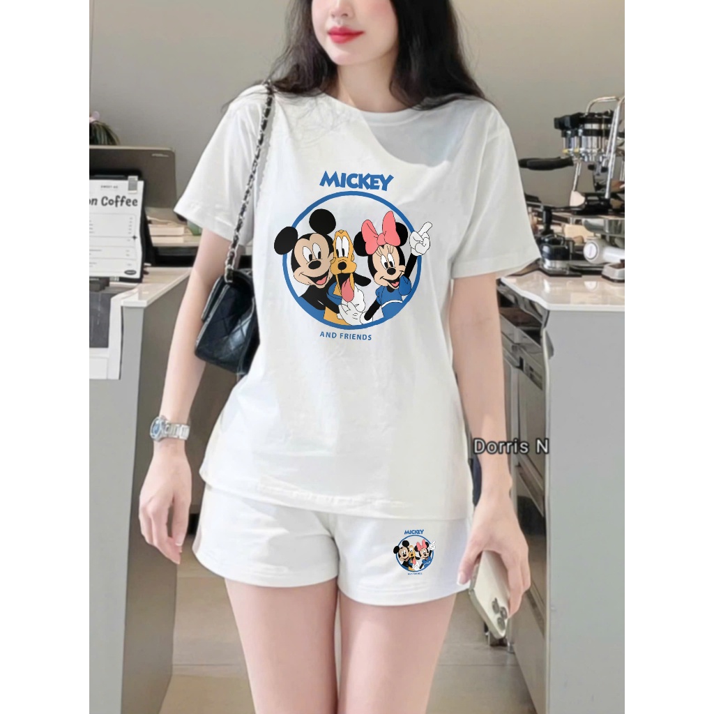Bộ Quần Áo Phông DORRIS N Mickey & Friends Cổ Tròn Kèm Quần Sooc Nỉ Da Cá Cao Cấp