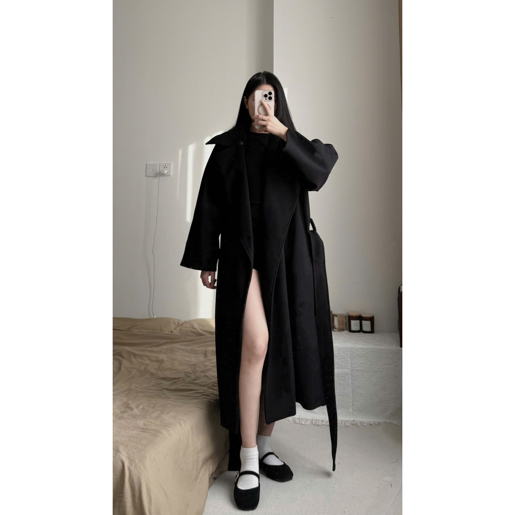 Áo Khoác Dạ Dáng Dài Cổ Bẻ Cao Cài Nút Form Rộng Thắt Eo Hai Lớp Wool Trench Coat