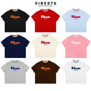 Áo Thun Phối Cổ Local Brand VIBESTU " THÊU XÙ LOGO " Áo Thun Form Big Boxy Unisex 250Gsm Cotton