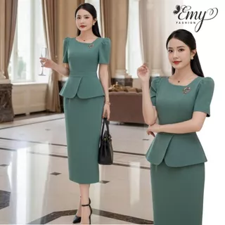 Set Đầm Công Sở Đi Làm Thiết Kế EMY Thời Trang Cao Cấp EM2207 Vải Kaki Nhung Xanh Sang Chảnh