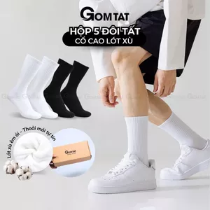 Hộp 5 đôi tất xù GOMTAT cổ cao trơn nam nữ có đệm xù dày chất liệu cotton êm chân - TATXU-TRON-CB5