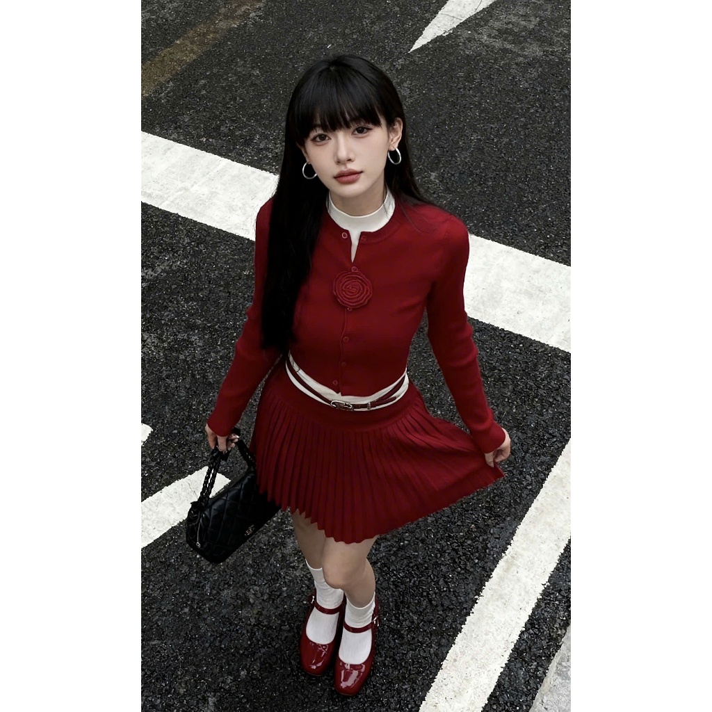 CC] B191 Set 3 Chi Tiết Len Mongtoghi (Cardigan Croptop + Áo Giữ Nhiệt+ ChânVáy) Đỏ Cherry cho những dịp cuối nă