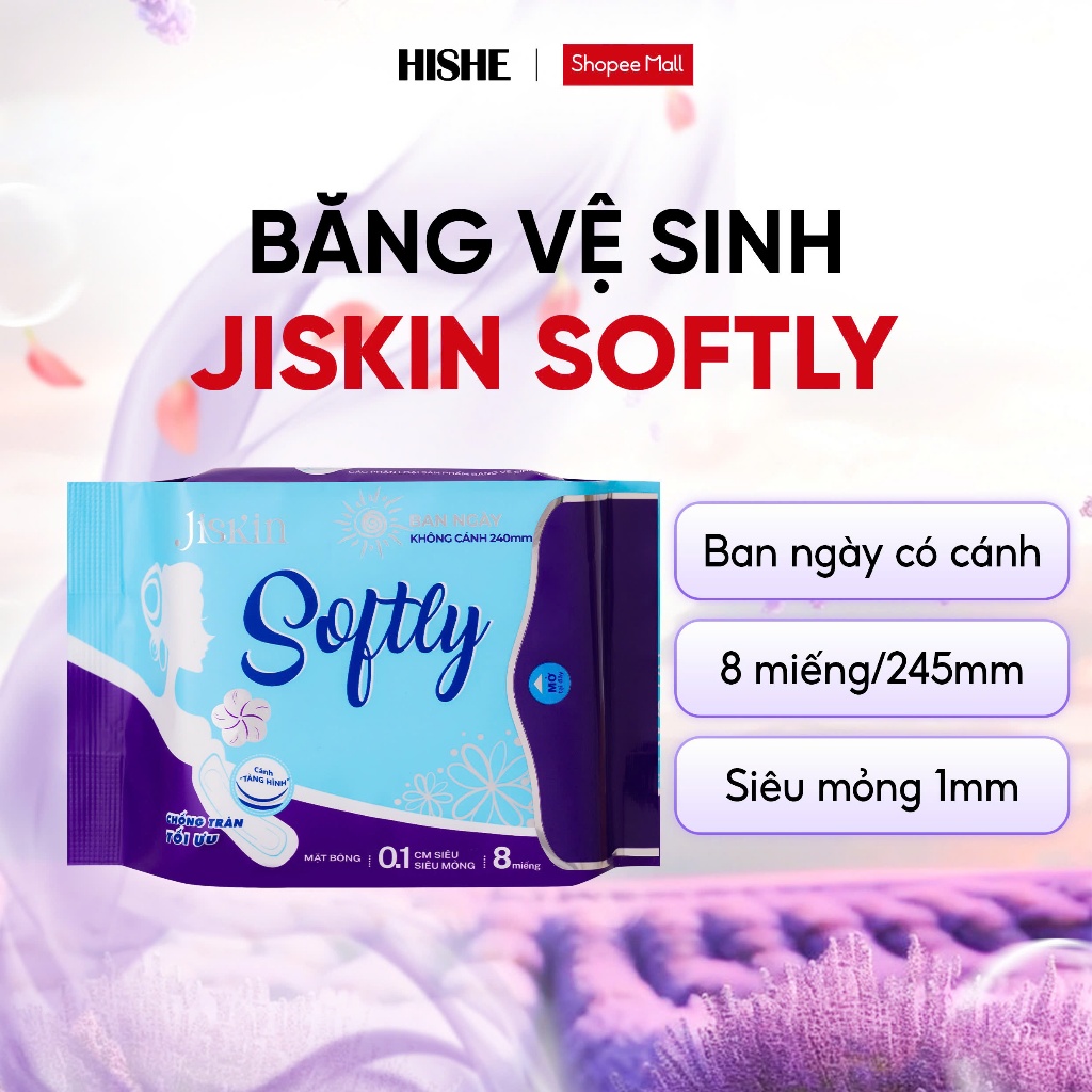 Băng vệ sinh Jiskin Softly KHÔNG BẠC HÀ mặt bông lượn sóng, bản siêu mỏng, dịu nhẹ với da nhạy cảm