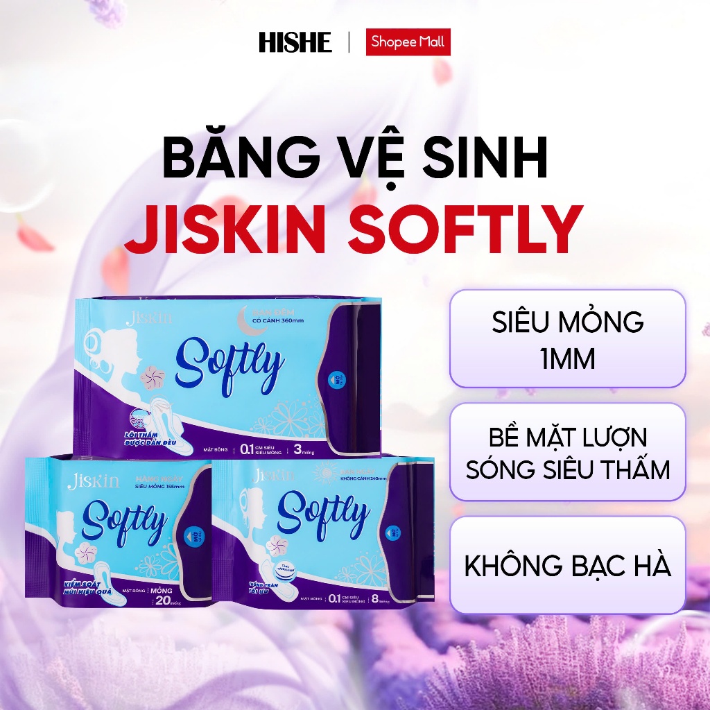 Băng vệ sinh Jiskin Softly KHÔNG BẠC HÀ mặt bông lượn sóng, bản siêu mỏng, dịu nhẹ với da nhạy cảm