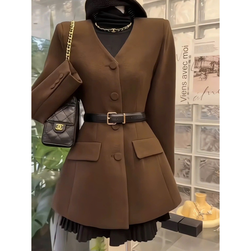 CC] B198 Áo Khoác Dạ Nữ Dáng Ngắn Cổ V Màu Nâu Tây Style Hàn Quốc Thu Đông