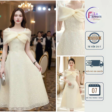 Đầm Dự Tiệc Nữ Cao Cấp – Đầm Kem Nơ Lớn Thanh Lịch, Đầm Dáng Xòe Sang Trọng Dự Tiệc Cưới MV2692