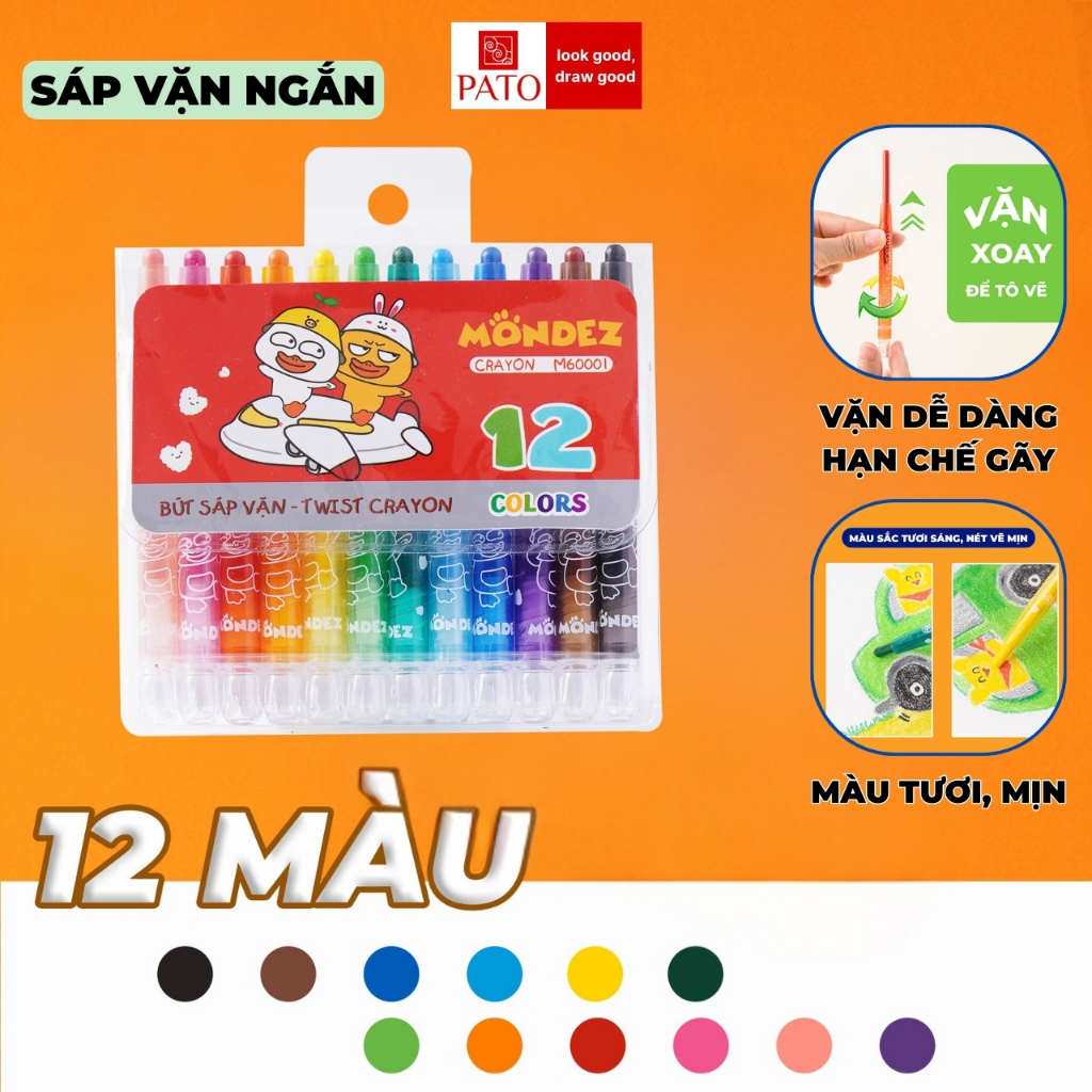 Bút Sáp Vặn Ngắn 12 Màu Hữu Cơ Vỏ Nhựa Khó Gãy Màu Mondez, Màu Sắc Tươi Sáng, Chất Liệu Cao Cấp, An Toàn Cho Bé M60001