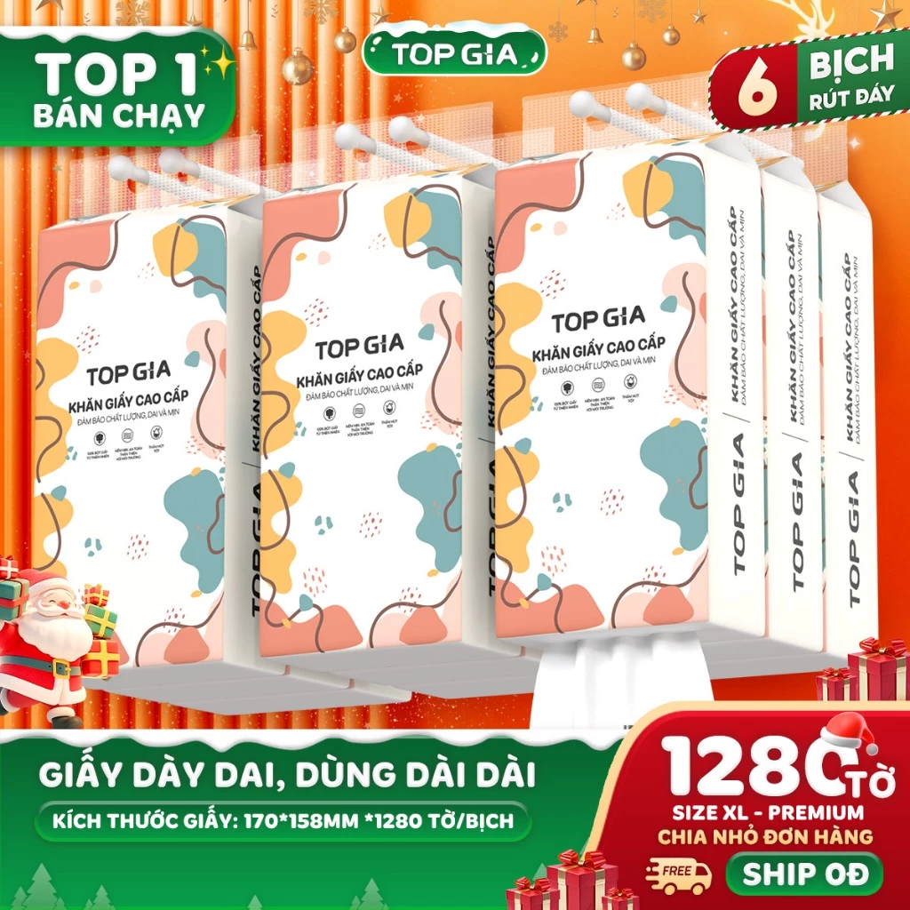 Giấy vệ sinh treo tường TopGia thùng 6 bịch đa sắc treo đa năng từ bột gỗ nguyên chất, 1280 tờ 4 lớp