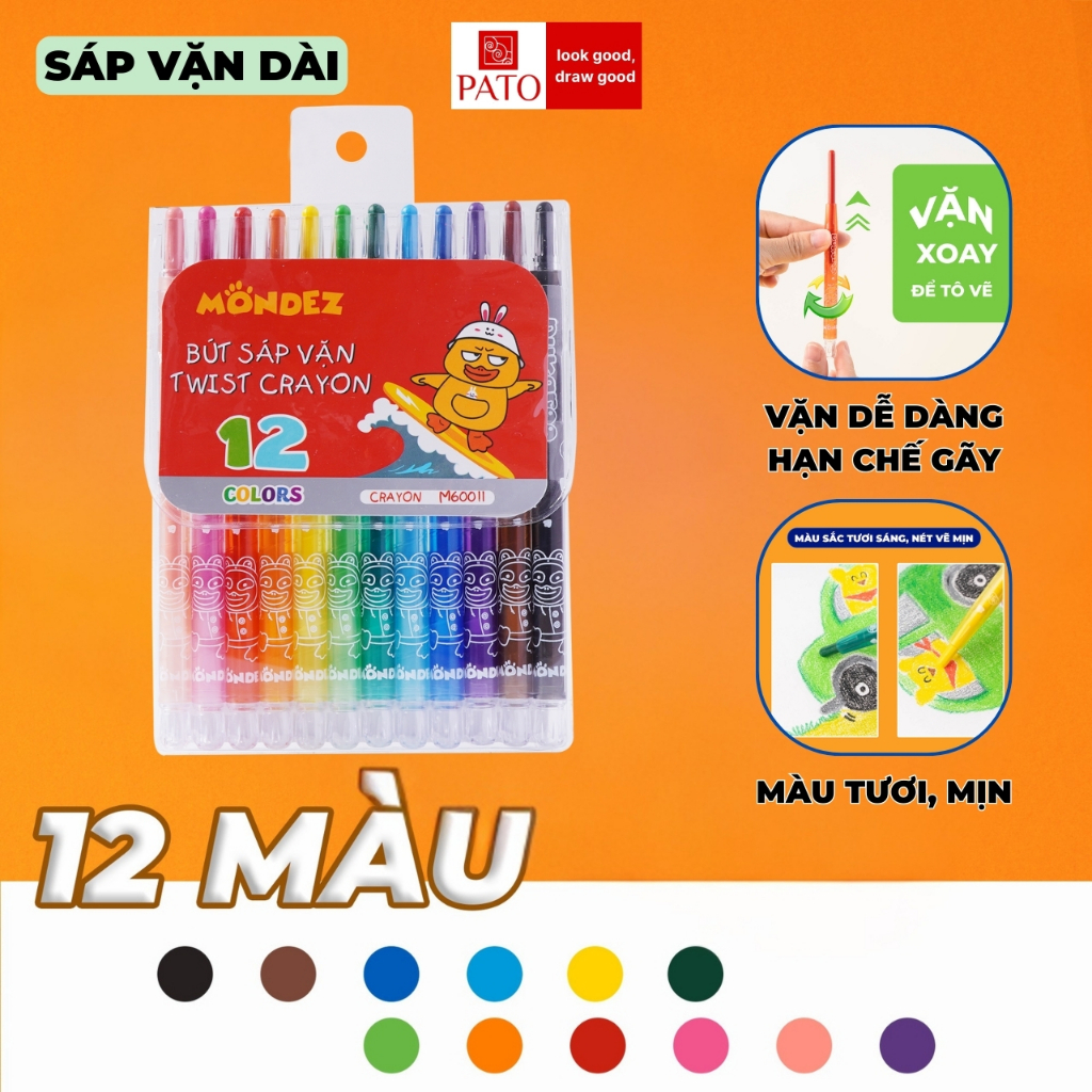 Bút Sáp Vặn Dài TWIST CRAYON 12 Màu Hữu Cơ An Toàn Cho Bé Bút Màu Vỏ Nhựa Khó Gãy, Nét Mịn, Bám Màu Tốt Trên Giấy M60011