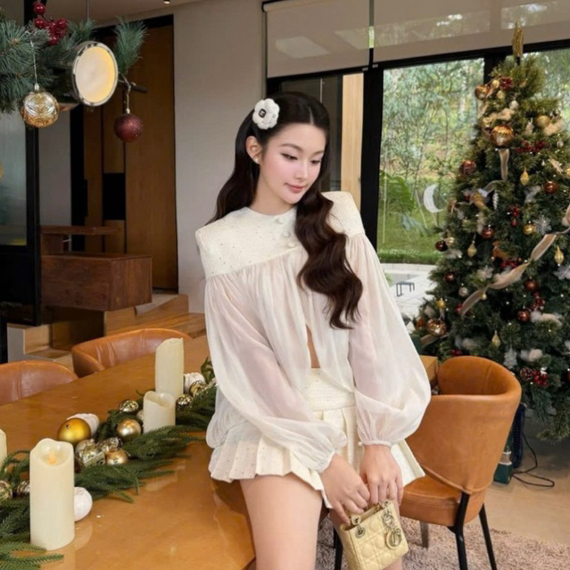 Set dạ ánh nhũ phối tơ cao cấp , Áo dạ tay bồng thiết kế pha tơ đính cúc bọc kèm chân váy xếp ly phong cách tiểu thư HQ