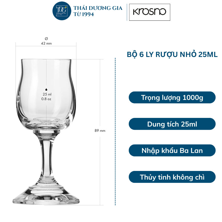 Bộ 6 ly pha lê uống rượu nhỏ 25ml cao cấp nhập khẩu Ba Lan Krosno - 786049 | Thái Dương Gia